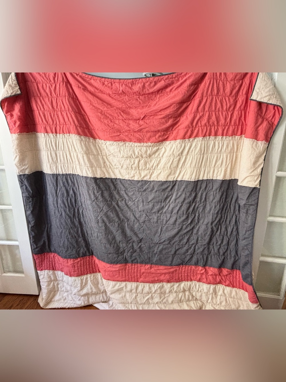 West Elm Striped Coral, Cream & Gray Quilted Throw Blanket